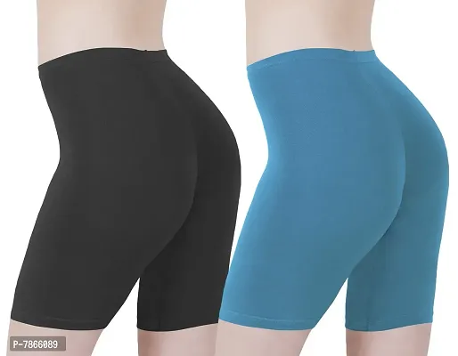 Buy That Trendz Cotton Lycra Tight Fit Stretchable Womens Cycling Shorts | Exercise/Shorties for Active wear/Workout/Yoga/Gym/Cycle/Running Black Turquoise Combo Pack of 2-thumb3