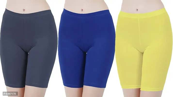 Buy That Trendz Cotton Lycra Tight Fit Stretchable Cycling Shorts Womens|Shorties for Exercise/Workout/Yoga/Gym/Cycle/Active wear Running Navy Royal Blue Lemon Yellow Combo Pack of 3 Large