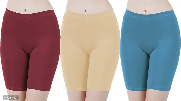 Buy That Trendz Cotton Lycra Tight Fit Stretchable Cycling Shorts Womens | Shorties for Active wear/Exercise/Workout/Yoga/Gym/Cycle/Running Maroon Light Skin Turquoise Combo Pack of 3 Large