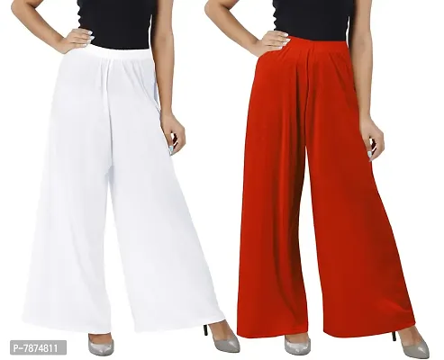 Buy That Trendz M to 6XL Cotton Viscose Loose Fit Flared Wide Leg Palazzo Pants for Women White Orange Combo Pack of 2-thumb0