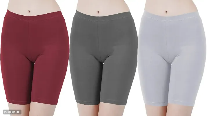 Buy That Trendz Cotton Lycra Tight Fit Stretchable Cycling Shorts Womens | Shorties for Active wear/Exercise/Workout/Yoga/Gym/Cycle/Running Maroon Charcoal Grey Combo Pack of 3