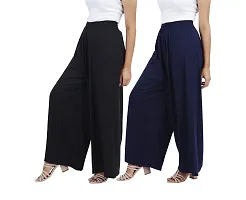 Buy That trendz Womens M to 6XL Cotton Viscose Loose Fit Flared Wide Leg Palazzo Pants for Black Navy 2 Pack Combo XXXX-Large-thumb1