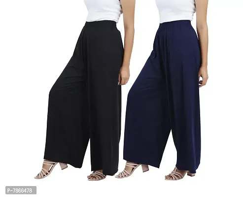 Buy That trendz Womens M to 6XL Cotton Viscose Loose Fit Flared Wide Leg Palazzo Pants for Black Navy 2 Pack Combo XXXX-Large-thumb2