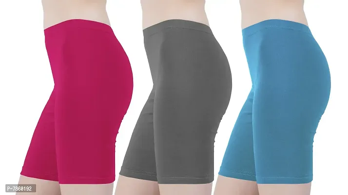 Buy That Trendz Cotton Tight Fit Lycra Stretchable Cycling Shorts Womens | Shorties for Active wear/Exercise/Workout/Yoga/Gym/Cycle/Running Rani Pink Light Skin Khaki Combo Pack of 3-thumb2