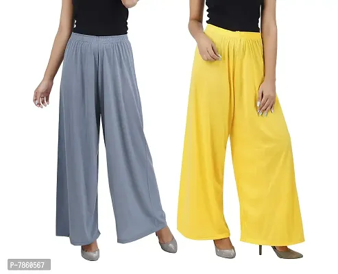 Buy That trendz Womens M to 6XL Cotton Viscose Loose Fit Flared Wide Leg Palazzo Pants for Grey Yellow 2 Pack Combo XXX-Large-thumb0