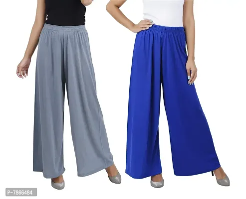 Buy That trendz Womens M to 6XL Cotton Viscose Loose Fit Flared Wide Leg Palazzo Pants for Grey Royal Blue 2 Pack Combo Medium-thumb0