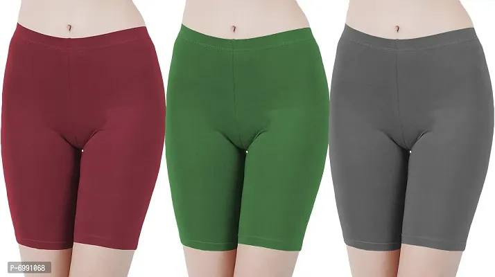 Buy That Trendz Cotton Lycra Tight Fit Stretchable Cycling Shorts Womens | Shorties for Active wear/Exercise/Workout/Yoga/Gym/Cycle/Running Maroon Jade Green Charcoal Combo Pack of 3