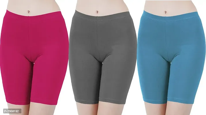 Buy That Trendz Cotton Tight Fit Lycra Stretchable Cycling Shorts Womens | Shorties for Active wear/Exercise/Workout/Yoga/Gym/Cycle/Running Rani Pink Light Skin Khaki Combo Pack of 3-thumb0