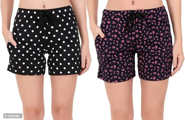 Buy That Trendz S to 3XL Cottons Printed Regular Lounge Night Shorts for Women's Polka Dot Black Floral Leaf Navy XXX-Large