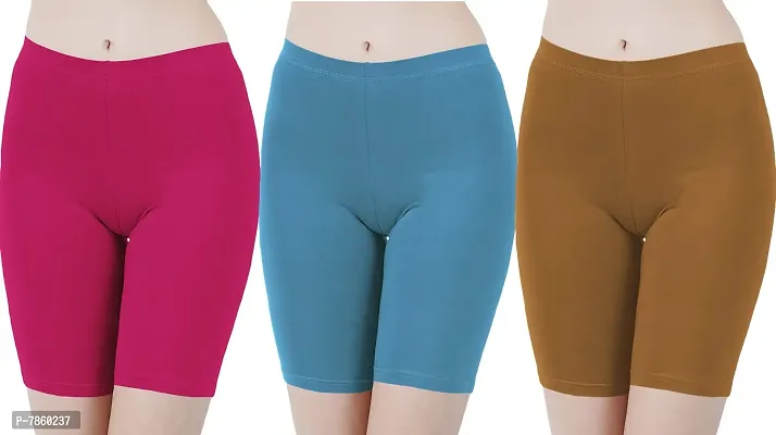 Buy That Trendz Cotton Tight Fit Lycra Stretchable Cycling Shorts Womens | Shorties for Active wear/Exercise/Workout/Yoga/Gym/Cycle/Running Rani Pink Turquoise Khaki Combo Pack of 3 XXX-Large-thumb0
