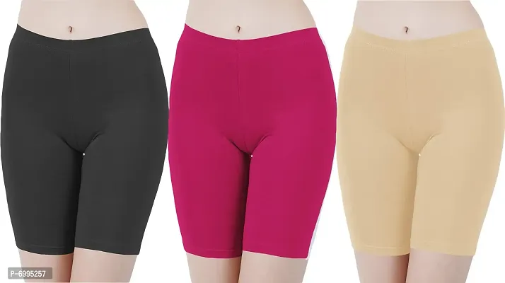 Buy That Trendz Cotton Lycra Tight Fit Stretchable Cycling Shorts Womens | Shorties for Active wear/Exercise/Workout/Yoga/Gym/Cycle/Running Black Rani Pink Light Skin Combo Pack of 3