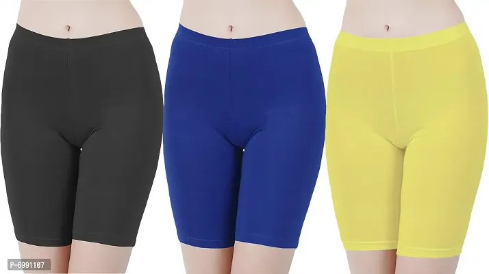 Buy That Trendz Cotton Lycra Tight Fit Stretchable Cycling Shorts Womens | Shorties for Active wear/Exercise/Workout/Yoga/Gym/Cycle/Running White Rani Pink Lemon Yellow Combo Pack of 3