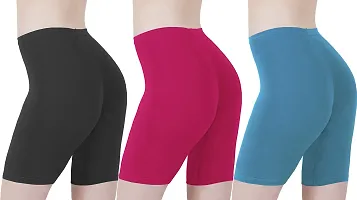 Buy That Trendz Cotton Lycra Tight Fit Stretchable Cycling Shorts Womens | Shorties for Active wear/Exercise/Workout/Yoga/Gym/Cycle/Running White Red Khaki Combo Pack of 3-thumb2