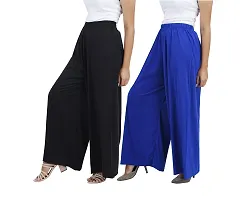 Buy That trendz Womens M to 6XL Cotton Viscose Loose Fit Flared Wide Leg Palazzo Pants for Black Royal Blue 2 Pack Combo XX-Large-thumb1