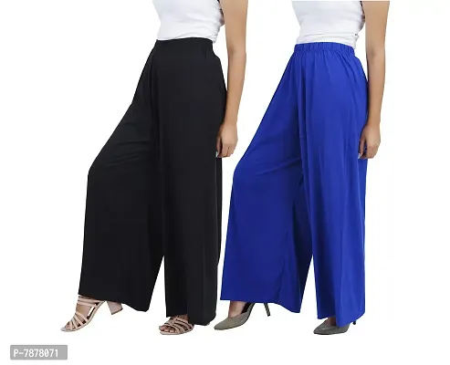 Buy That trendz Womens M to 6XL Cotton Viscose Loose Fit Flared Wide Leg Palazzo Pants for Black Royal Blue 2 Pack Combo XX-Large-thumb2