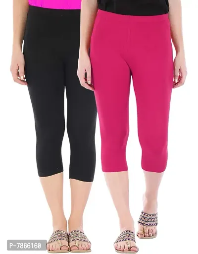 Buy That Trendz Womens Skinny Fit 3/4 Capris Leggings Pack of 2 Combo Black Rani Pink XXX-Large-thumb2