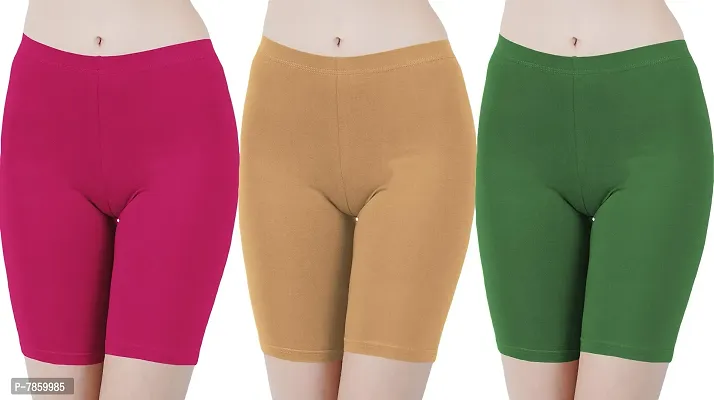 Buy That Trendz Cotton Tight Fit Lycra Stretchable Cycling Shorts Womens | Shorties for Active wear/Exercise/Workout/Yoga/Gym/Cycle/Running Rani Pink Light Skin Khaki Combo Pack of 3-thumb0