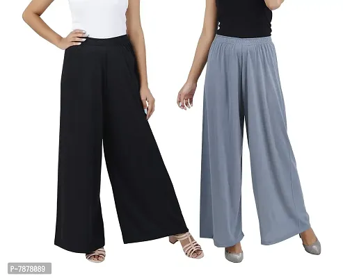 Buy That trendz Womens M to 6XL Cotton Viscose Loose Fit Flared Wide Leg Palazzo Pants for Black Grey 2 Pack Combo XX-Large-thumb0