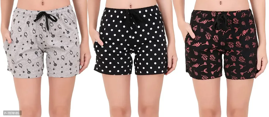 Buy That Trendz S to 3XL Cotton Printed Regular Lounge Night Shorts for Womens Ice Cream Grey Polka Dot Black Floral Leaf Black