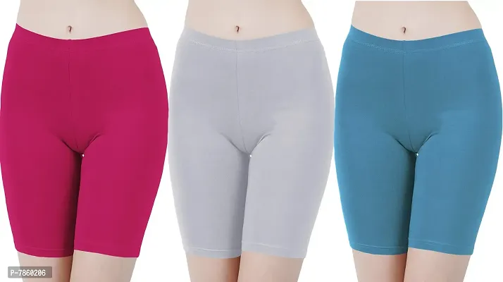 Buy That Trendz Cotton Tight Fit Lycra Stretchable Cycling Shorts Womens | Shorties for Active wear/Exercise/Workout/Yoga/Gym/Cycle/Running Rani Pink Grey Turquoise Combo Pack of 3 Large-thumb0