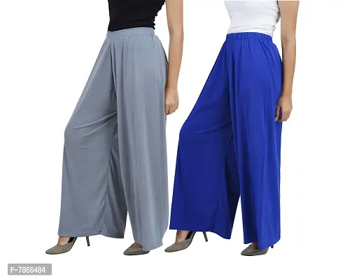 Buy That trendz Womens M to 6XL Cotton Viscose Loose Fit Flared Wide Leg Palazzo Pants for Grey Royal Blue 2 Pack Combo Medium-thumb2