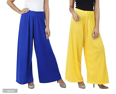 Buy That trendz Womens M to 6XL Cotton Viscose Loose Fit Flared Wide Leg Palazzo Pants for Royal Blue Yellow 2 Pack Combo Large-thumb0