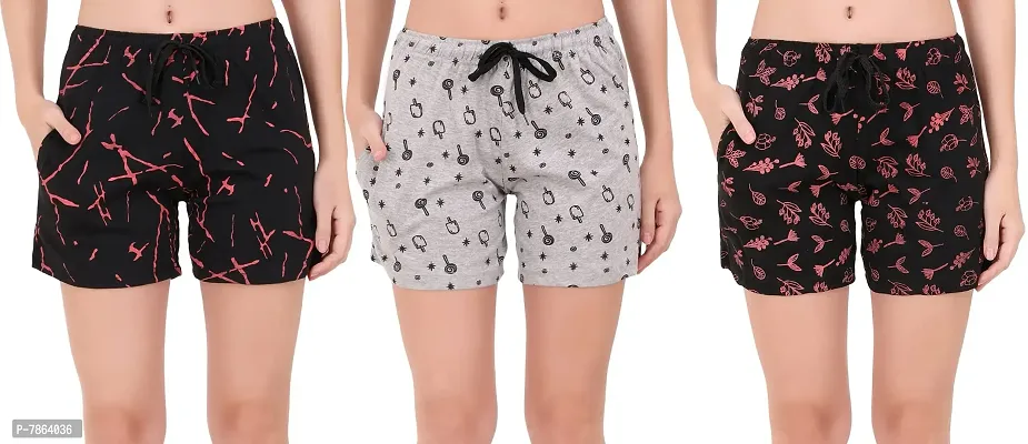 Buy That Trendz S to 3XL Cotton Printed Regular Lounge Night Shorts for Womens Ice Cream Grey Polka Dot Black Floral Leaf Black-thumb0