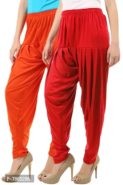 Buy That Trendz Women's Cotton Viscose Lycra Dhoti Patiyala Salwar Harem Bottoms Pants Orange Red Combo Pack of 2