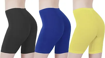 Buy That Trendz Cotton Lycra Tight Fit Stretchable Cycling Shorts Womens | Shorties for Active wear/Exercise/Workout/Yoga/Gym/Cycle/Running White Rani Pink Lemon Yellow Combo Pack of 3-thumb2