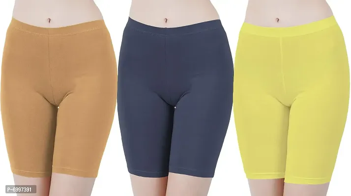 Buy That Trendz Cotton Lycra Tight Fit Stretchable Cycling Shorts Womens|Shorties for Exercise/Workout/Yoga/Gym/Cycle/Active wear Running Dark Skin Navy Lemon Yellow Combo Pack of 3-thumb0