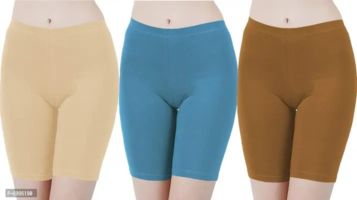Buy That Trendz Cotton Lycra Tight Fit Stretchable Cycling Shorts Womens|Shorties for Exercise/Workout/Yoga/Gym/Cycle/Active wear Running Light Skin Turquoise Khaki Combo Pack of 3-thumb0