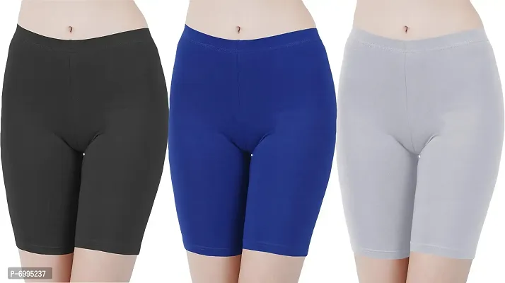Buy That Trendz Cotton Lycra Tight Fit Stretchable Cycling Shorts Womens | Shorties for Active wear/Exercise/Workout/Yoga/Gym/Cycle/Running Black Royal Blue Grey Combo Pack of 3