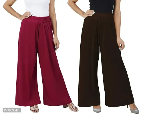 Buy That Trendz M to 6XL Cotton Viscose Loose Fit Flared Wide Leg Palazzo Pants for Women White Chocolate Brown Combo Pack of 2-thumb0