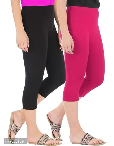 Buy That Trendz Womens Skinny Fit 3/4 Capris Leggings Pack of 2 Combo Black Rani Pink XXX-Large