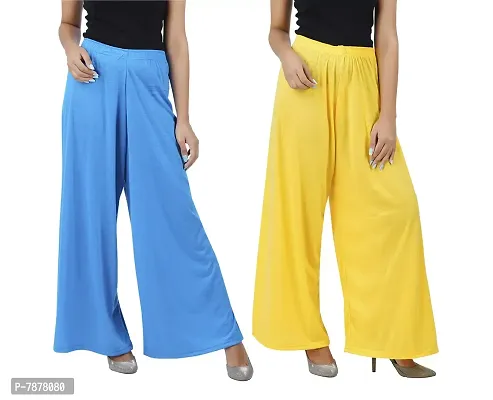 Buy That trendz Womens M to 6XL Cotton Viscose Loose Fit Flared Wide Leg Palazzo Pants for Turquoise Yellow 2 Pack Combo Medium-thumb0