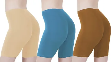 Buy That Trendz Cotton Lycra Tight Fit Stretchable Cycling Shorts Womens|Shorties for Exercise/Workout/Yoga/Gym/Cycle/Active wear Running Light Skin Turquoise Khaki Combo Pack of 3-thumb2