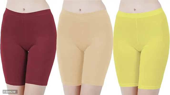 Buy That Trendz Cotton Lycra Tight Fit Stretchable Cycling Shorts Womens | Shorties for Active wear/Exercise/Workout/Yoga/Gym/Cycle/Running Maroon Light Skin Lemon Yellow Combo Pack of 3