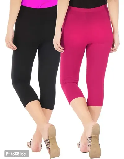 Buy That Trendz Womens Skinny Fit 3/4 Capris Leggings Pack of 2 Combo Black Rani Pink XXX-Large-thumb3