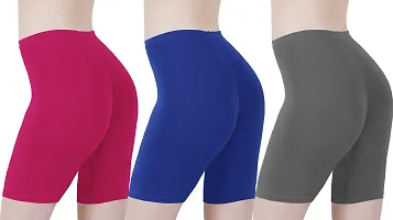 Buy That Trendz Cotton Tight Fit Lycra Stretchable Cycling Shorts Womens | Shorties for Active wear/Exercise/Workout/Yoga/Gym/Cycle/Running Rani Pink Light Skin Khaki Combo Pack of 3-thumb2