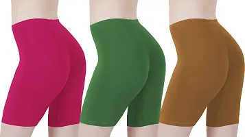 Buy That Trendz Cotton Tight Fit Lycra Stretchable Cycling Shorts Womens | Shorties for Active wear/Exercise/Workout/Yoga/Gym/Cycle/Running Rani Pink Light Skin Khaki Combo Pack of 3-thumb2