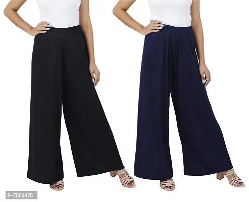 Buy That trendz Womens M to 6XL Cotton Viscose Loose Fit Flared Wide Leg Palazzo Pants for Black Navy 2 Pack Combo XXXX-Large-thumb0