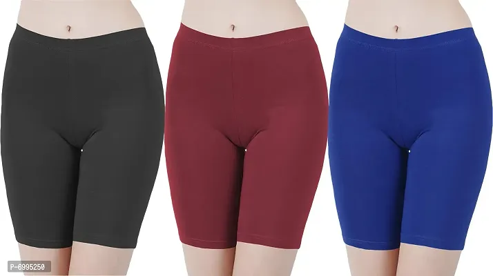 Buy That Trendz Cotton Lycra Tight Fit Stretchable Cycling Shorts Womens | Shorties for Active wear/Exercise/Workout/Yoga/Gym/Cycle/Running Black Maroon Royal Blue Combo Pack of 3