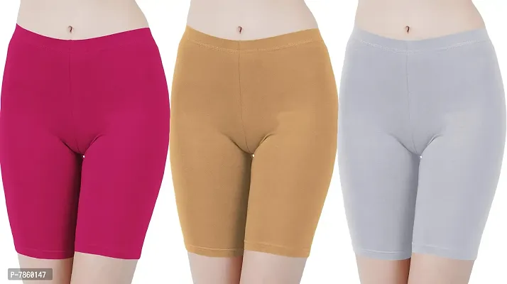 Buy That Trendz Cotton Tight Fit Lycra Stretchable Cycling Shorts Womens | Shorties for Active wear/Exercise/Workout/Yoga/Gym/Cycle/Running Rani Pink Light Skin Khaki Combo Pack of 3