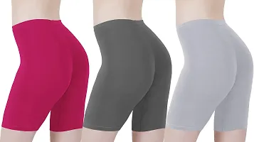 Buy That Trendz Cotton Tight Fit Lycra Stretchable Cycling Shorts Womens | Shorties for Active wear/Exercise/Workout/Yoga/Gym/Cycle/Running Rani Pink Light Skin Khaki Combo Pack of 3-thumb2