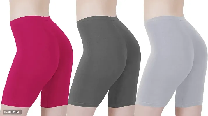 Buy That Trendz Cotton Tight Fit Lycra Stretchable Cycling Shorts Womens | Shorties for Active wear/Exercise/Workout/Yoga/Gym/Cycle/Running Rani Pink Light Skin Khaki Combo Pack of 3-thumb3