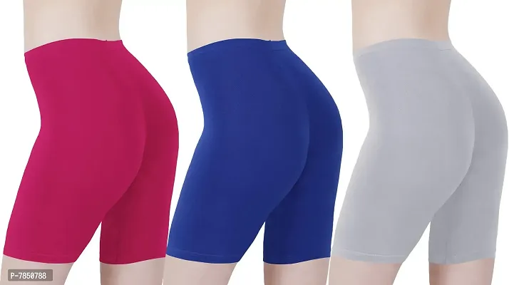 Buy That Trendz Cotton Tight Fit Lycra Stretchable Cycling Shorts Womens | Shorties for Active wear/Exercise/Workout/Yoga/Gym/Cycle/Running Rani Pink Light Skin Khaki Combo Pack of 3-thumb3