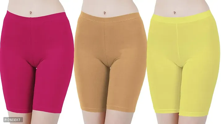 Buy That Trendz Cotton Tight Fit Lycra Stretchable Cycling Shorts Womens | Shorties for Active wear/Exercise/Workout/Yoga/Gym/Cycle/Running Rani Pink Light Skin Khaki Combo Pack of 3-thumb0