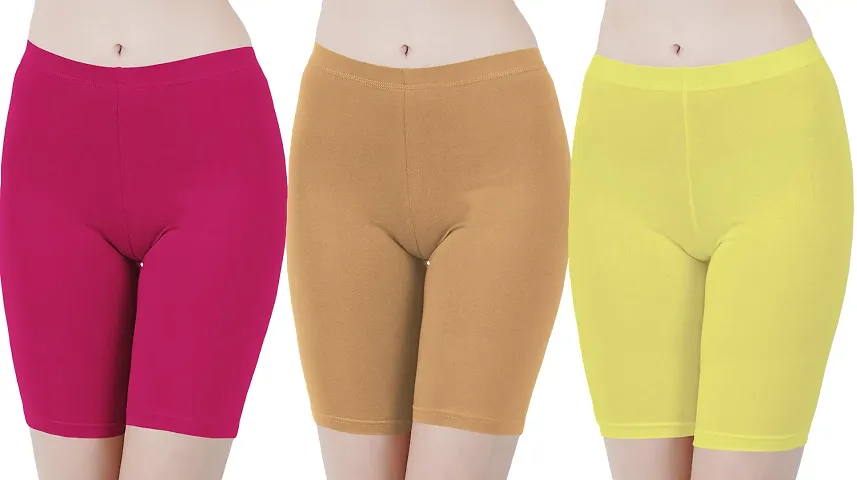 Buy That Trendz Cotton Tight Fit Lycra Stretchable Cycling Shorts Womens | Shorties for Active wear/Exercise/Workout/Yoga/Gym/Cycle/Running Rani Pink Light Skin Khaki Combo Pack of 3