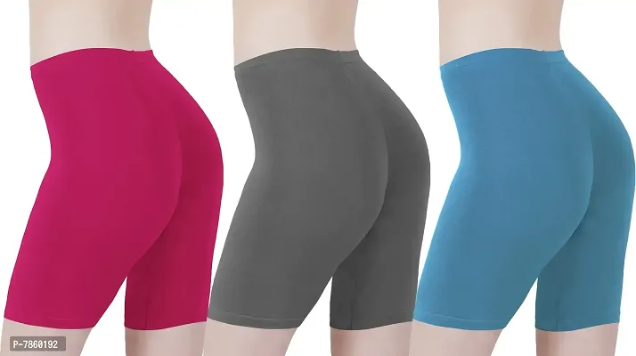 Buy That Trendz Cotton Tight Fit Lycra Stretchable Cycling Shorts Womens | Shorties for Active wear/Exercise/Workout/Yoga/Gym/Cycle/Running Rani Pink Light Skin Khaki Combo Pack of 3-thumb3