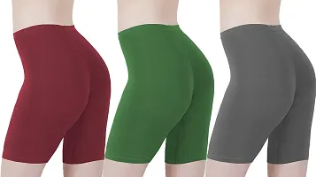 Buy That Trendz Cotton Lycra Tight Fit Stretchable Cycling Shorts Womens | Shorties for Active wear/Exercise/Workout/Yoga/Gym/Cycle/Running Maroon Jade Green Charcoal Combo Pack of 3-thumb2